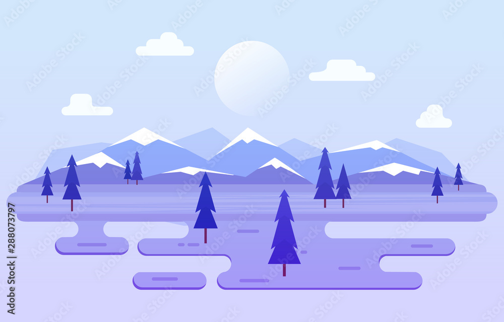Winter Scene Snow Landscape with Pine Trees Mountain Simple Illustration