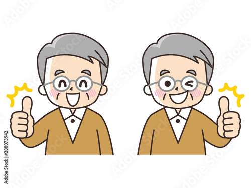 サムズアップするシニア男性