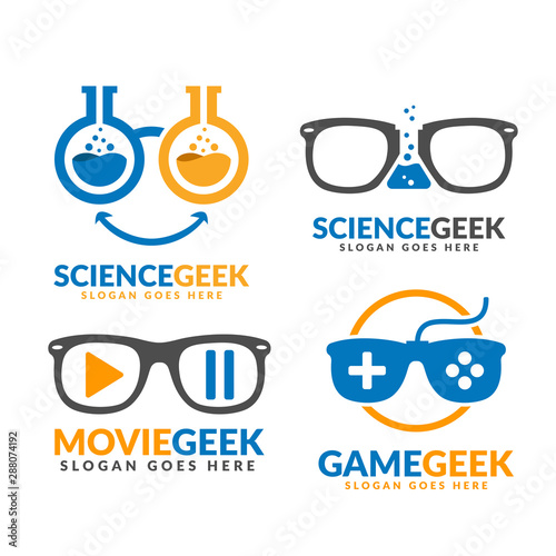 Set of science geek and movie geek and game geek logo template