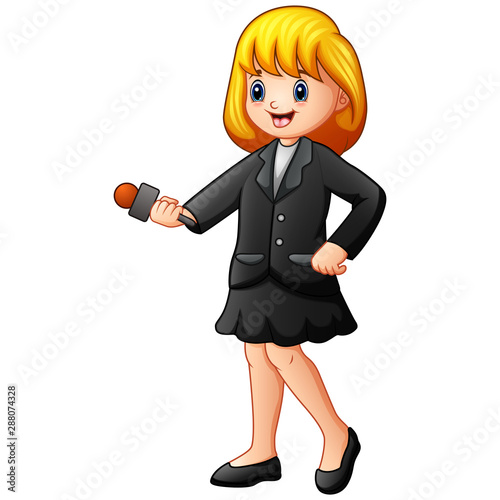 Girl journalist holding microphone broadcasting breaking news concept