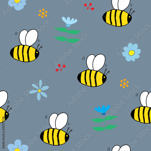 Cute Bee Seamless Pattern, Cartoon Hand Drawn honeybee Doodles Vector Illustration © saint_antonio