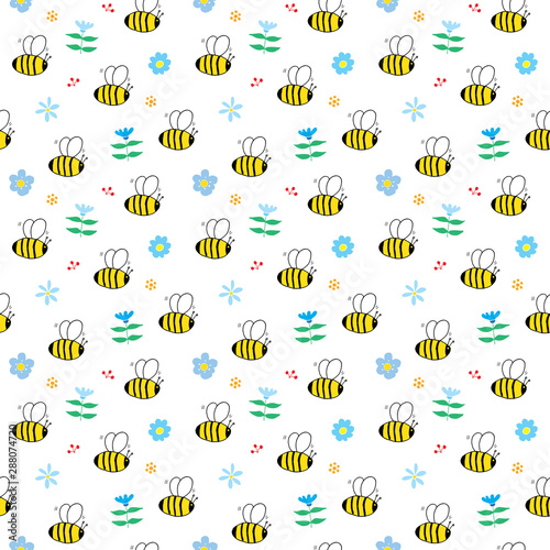 Konstfotografi Cute Bee Seamless Pattern, Cartoon Hand Drawn honeybee Doodles Vector Illustrati