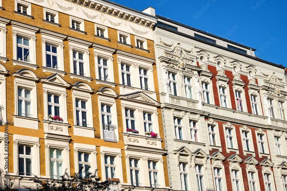 Fototapeta premium Facades of some renovated old apartment buildings seen in Prenzlauer Berg district in Berlin, Germany