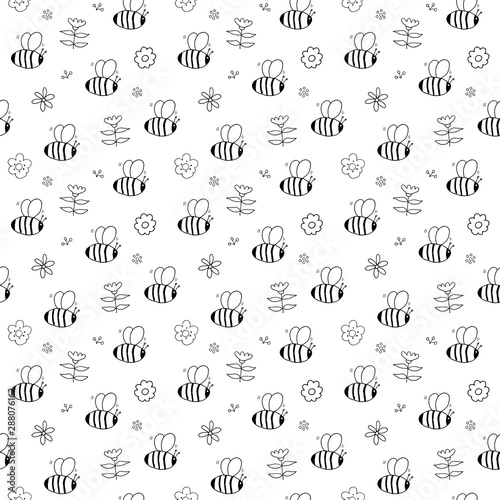 Konstfotografi Cute Bee Seamless Pattern, Cartoon Hand Drawn honeybee Doodles Vector Illustrati