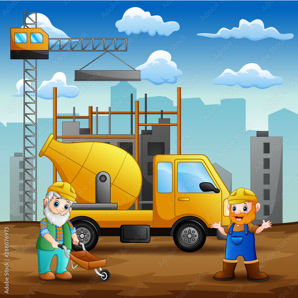 Naklejka premium Construction worker at construction site background