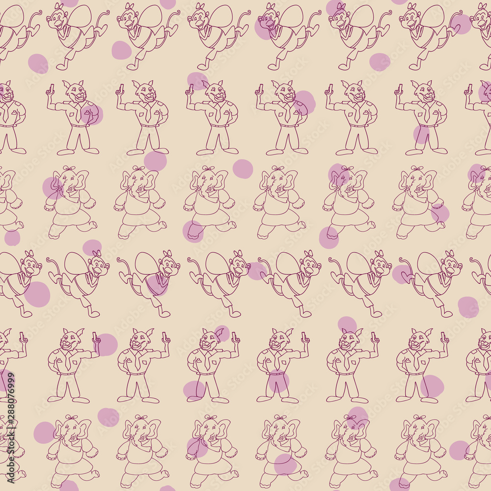 Vector beige horizontal anthropomorphic cartoon characters with purple polka dots seamless pattern background Vector beige horizontal anthropomorphic cartoon characters with purple polka dots seamless pattern background
