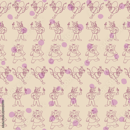 Vector beige horizontal anthropomorphic cartoon characters with purple polka dots seamless pattern background