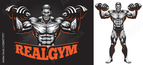 Male Bodybuilder Full Body with Dumbbell Illustration Logo