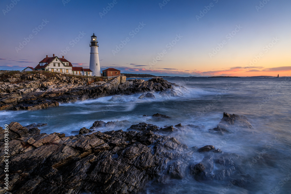 Portland head light lighthouse at Port Williams Park of Cape Elizabeth of Maine,  USA at dawn