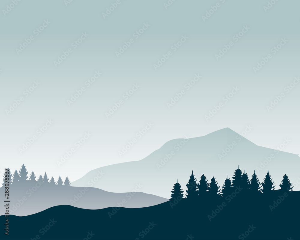 Nature landscape silhouette vector illustration. Mountain wallpaper vector. Pine trees silhouette Nature landscape silhouette vector illustration. Mountain wallpaper vector. Pine trees silhouette