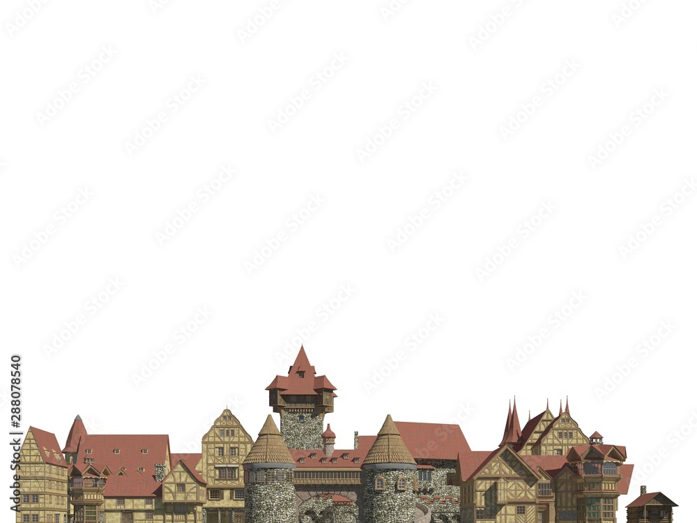 Medieval Cityscape Isolated on White Background 3D Illustration