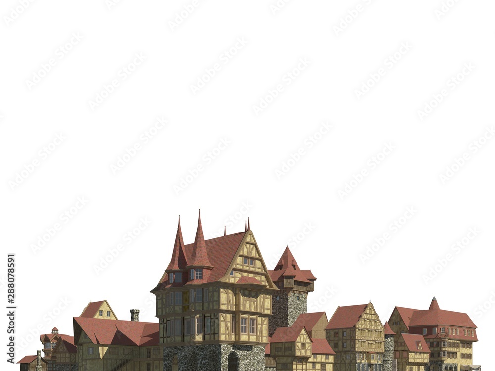 Medieval Cityscape Isolated on White Background 3D Illustration