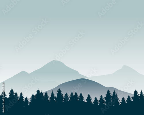 Nature landscape silhouette vector illustration. Mountain wallpaper vector. Pine trees silhouette