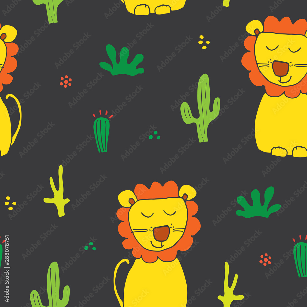 Fototapeta premium Cute Lion Seamless Pattern, Cartoon Hand Drawn Animal Doodles Vector Illustration Background