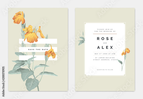 Minimalist botanical wedding invitation card template design, yellow crossandra flowers with leaves on light brown, pastel vintage theme photo