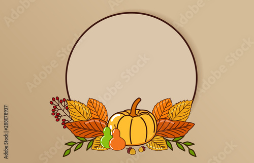 Pumpkins, oak seeds and autumn leaves with circular frames on a brown background, the creative concept of the autumn celebration and the Thanksgiving Festival, with a modern flat design style.  photo