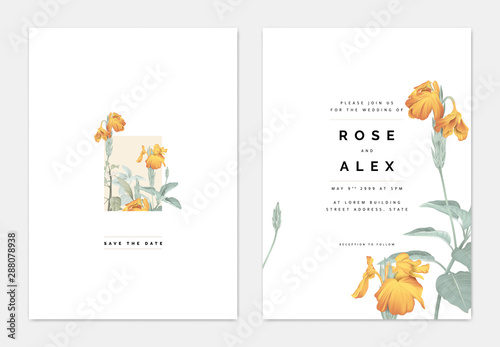 Minimalist botanical wedding invitation card template design, yellow crossandra flowers with leaves on white, pastel vintage theme
