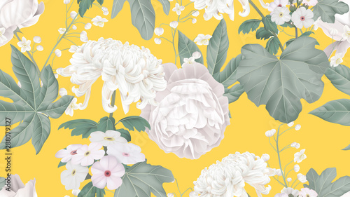 Botanical seamless pattern, rose, Chrysanthemum morifolium, Woolly rock jasmine and Thalictrum delavayi with leaves on bright yellow, pastel vintage theme