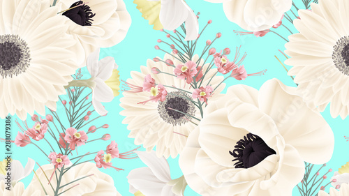 Botanical seamless pattern, white anemone, white gerbera, white daffodil and peacock flowers on bright blue, pastel vintage theme