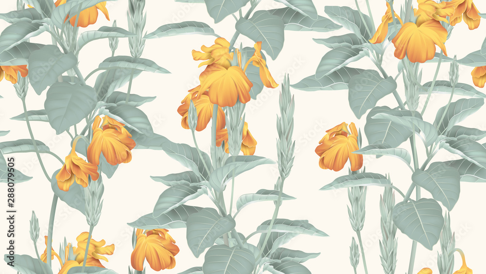 Botanical seamless pattern, yellow crossandra flowers with leaves on light brown, pastel vintage theme