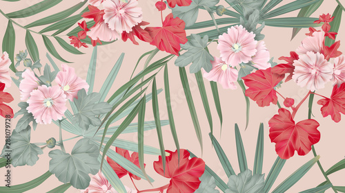 Botanical seamless pattern, Alcea or hollyhocks flowers and palm leaves on brown, pastel vintage theme © momosama