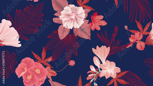 Botanical seamless pattern, various red flowers and leaves on dark blue, red and blue tones