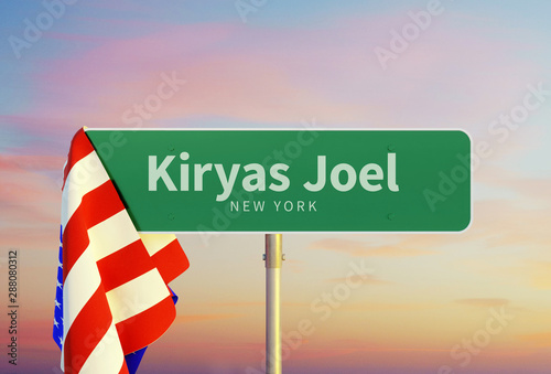 Kiryas Joel – New York. Road or Town Sign. Flag of the united states. Sunset oder Sunrise Sky. 3d rendering photo