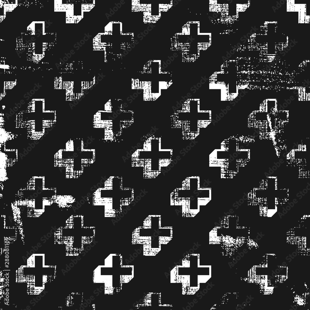 Grunge abstract pattern with cross element. Square black and white backdrop.