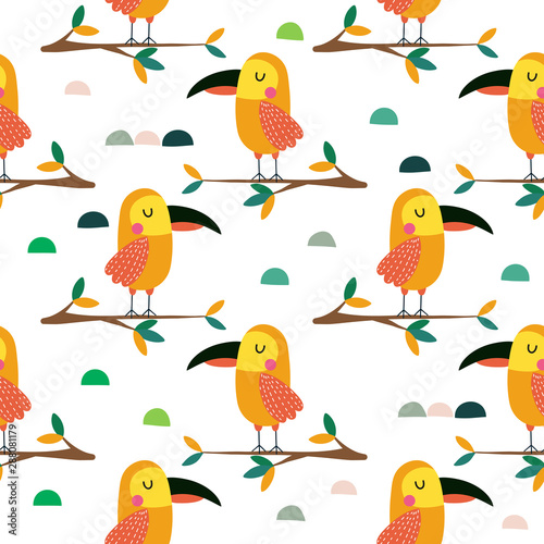 Parrots sitting on a tropical tree, childish design for fabric, wrapping, textile, wallpaper, apparel.