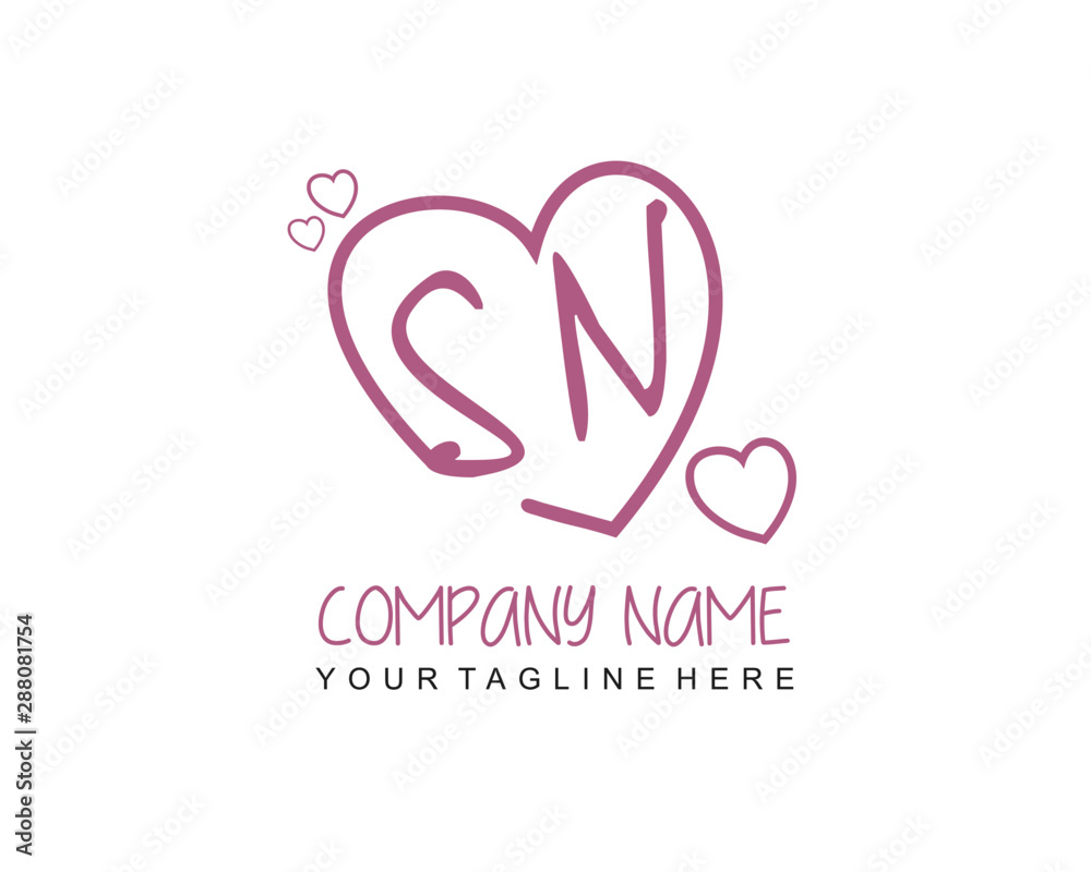 Initial letter SN handwriting logo with heart template vector ...