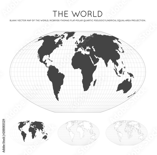 Map of the World. McBryde-Thomas flat-polar quartic pseudocylindrical equal-area projection. Globe with latitude and longitude lines. World map on meridians and parallels background.