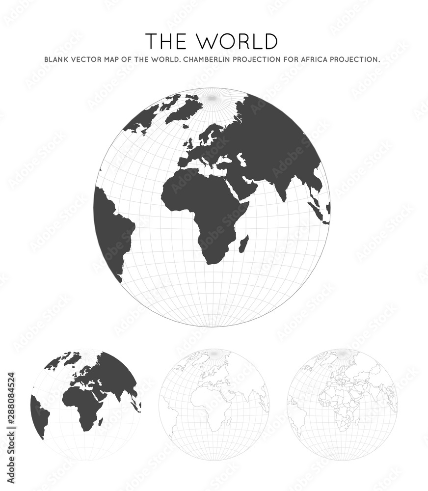 Map of The World. Chamberlin projection for Africa projection. Globe with latitude and longitude lines. World map on meridians and parallels background. Vector illustration. Map of The World. Chamberlin projection for Africa projection. Globe with latitude and longitude lines. World map on meridians and parallels background. Vector illustration.