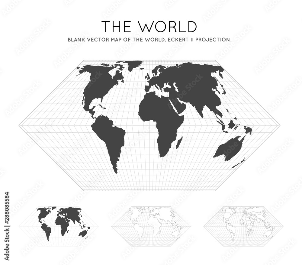 Naklejka premium Map of the World. Eckert II projection. Globe with latitude and longitude lines. World map on meridians and parallels background. Vector illustration.