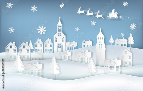 Santa and deer at city with snowflake background. Christmas season paper art illustration © kheat