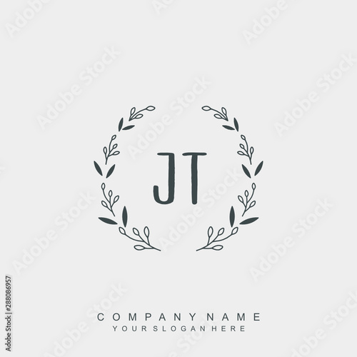 letter JT surrounded by beautiful and elegant flowers and leaves. Wedding monogram logo template. Fashion Logo template Vectors,