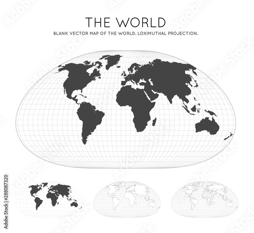 Map of The World. Loximuthal projection. Globe with latitude and longitude lines. World map on meridians and parallels background. Vector illustration.