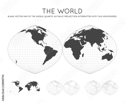 Map of The World. Quartic authalic projection interrupted into two hemispheres. Globe with latitude and longitude lines. World map on meridians and parallels background. Vector illustration.