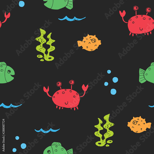 Cute Crab and fishes Seamless Pattern  Cartoon Hand Drawn Animal Doodles Vector Illustration Background