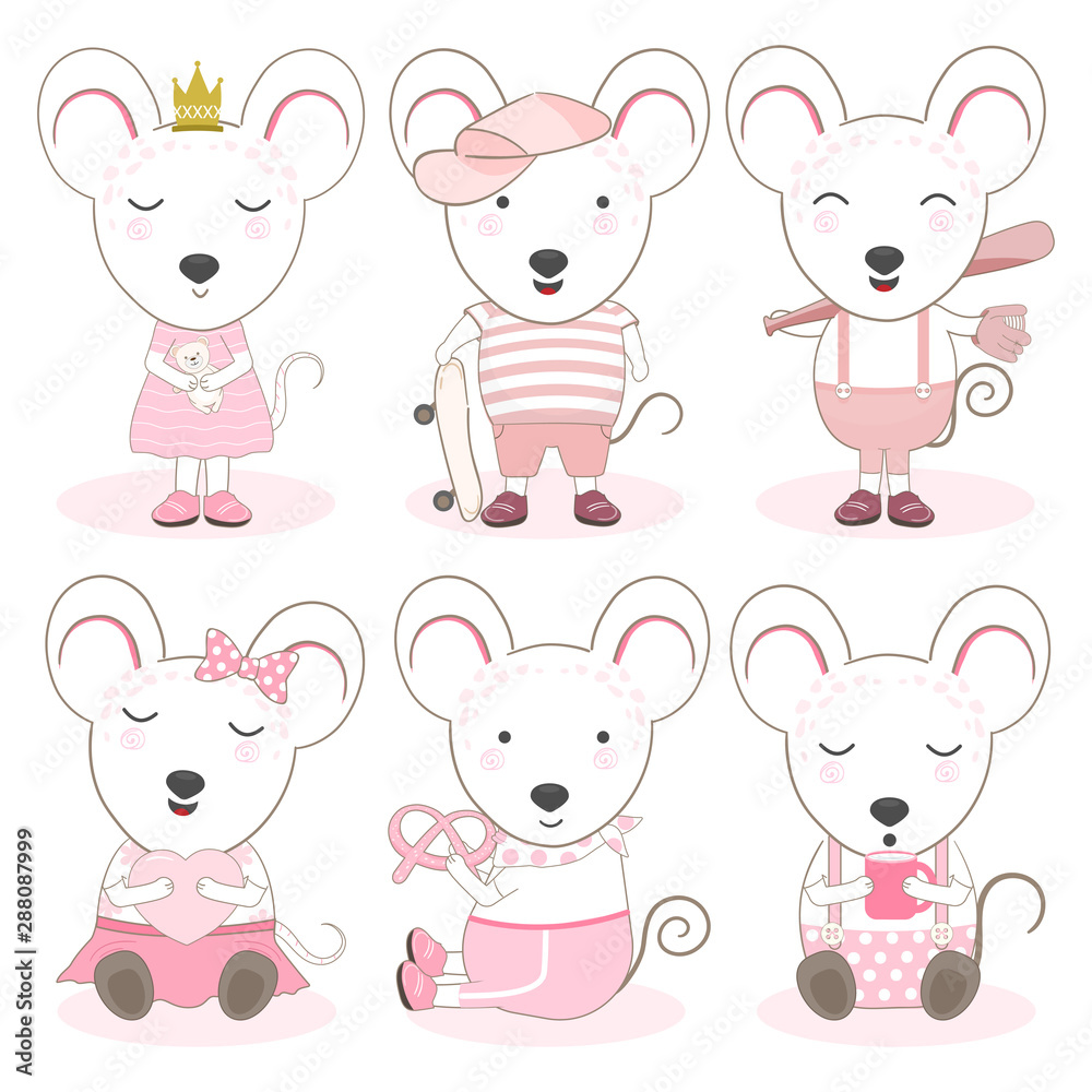 Cute Animals Cartoon Mouse Set Illustration