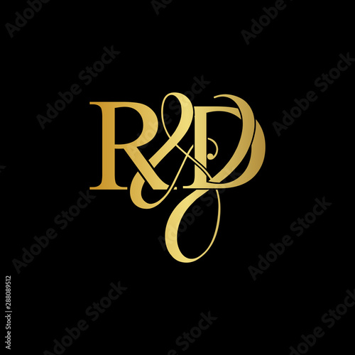 Initial letter R & D RD luxury art vector mark logo, gold color on black background.
