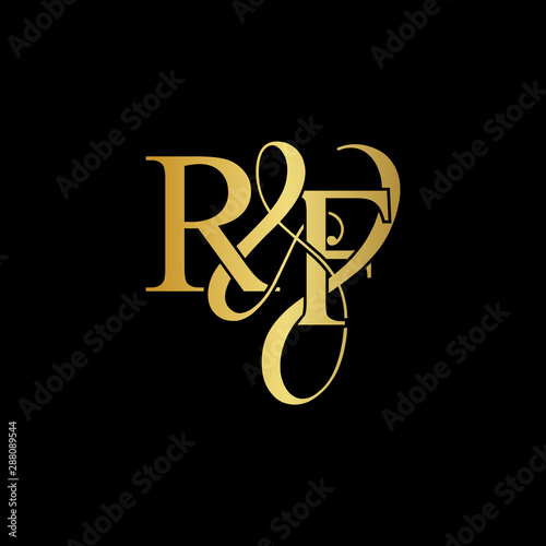 Initial letter R & F RF luxury art vector mark logo, gold color on black background.