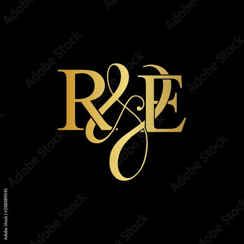 Initial letter R & E RE luxury art vector mark logo, gold color on black background.