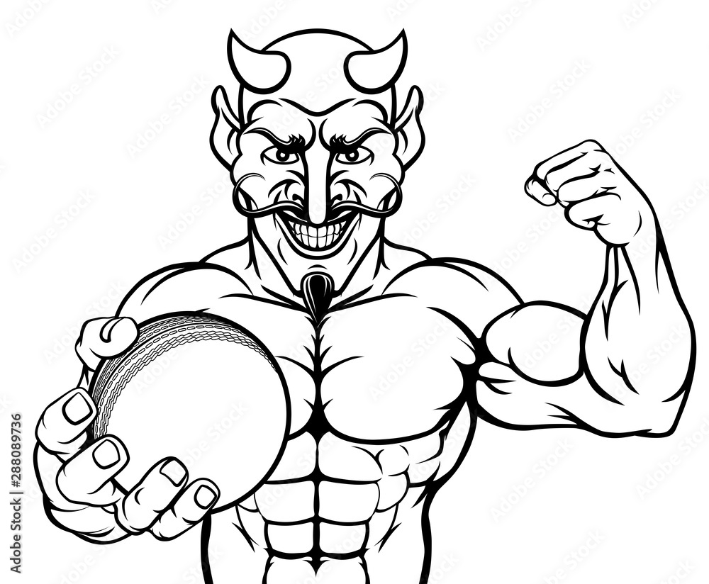A devil Satan cricket sports mascot cartoon character man holding a ball A devil Satan cricket sports mascot cartoon character man holding a ball