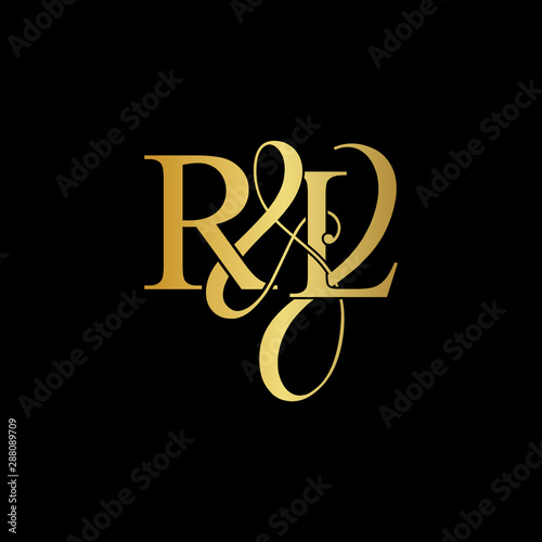Initial letter R & L RL luxury art vector mark logo, gold color on black background.