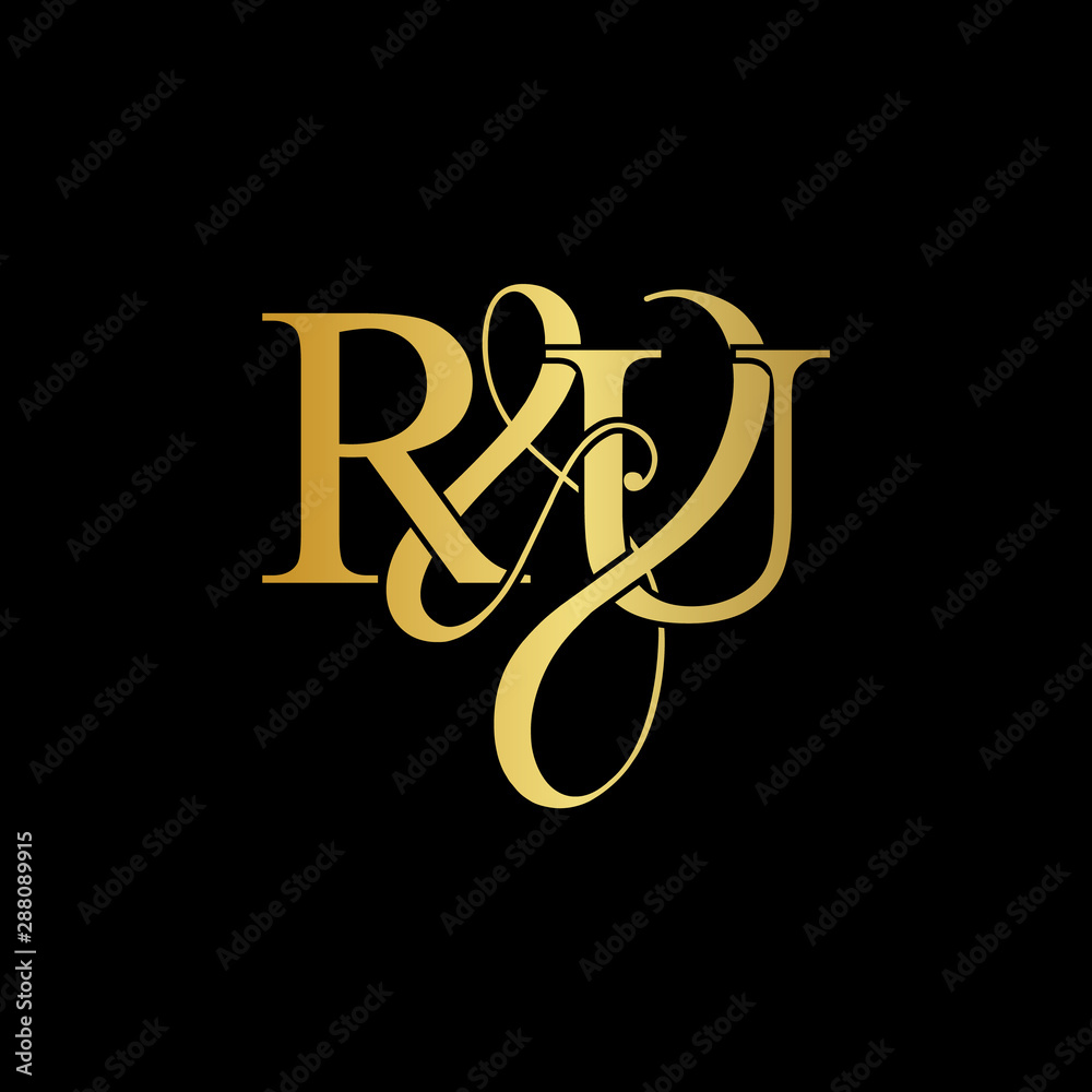 Initial letter R & U RU luxury art vector mark logo, gold color on black background.