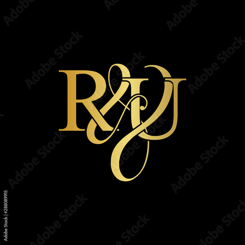 Initial letter R & U RU luxury art vector mark logo, gold color on black background.
