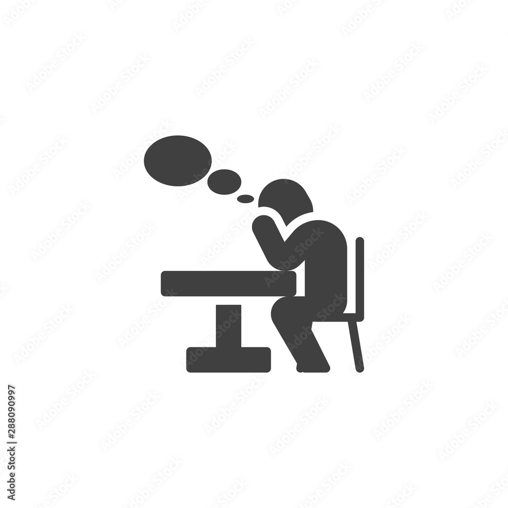 Fototapeta premium Thinking man at the table vector icon. filled flat sign for mobile concept and web design. Man sitting at table and think bubble glyph icon. Symbol, logo illustration. Vector graphics