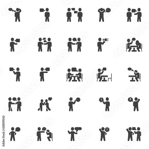 Conversation vector icons set, modern solid symbol collection, filled style pictogram pack. Signs, logo illustration. Set includes icons as speech bubble, speaking human, dialog speech, table talking