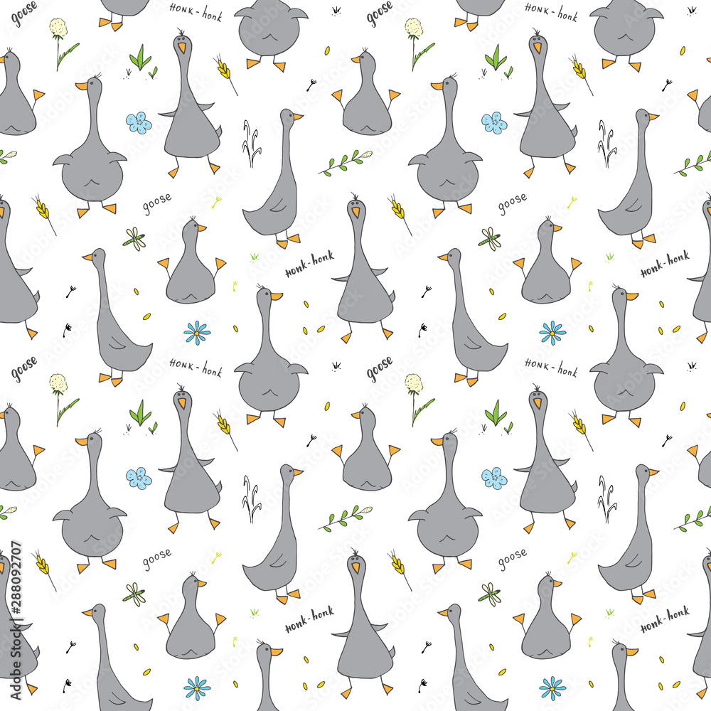 Cute Goose Seamless Pattern, Cartoon Hand Drawn Goose Doodles Vector Background Illustration Cute Goose Seamless Pattern, Cartoon Hand Drawn Goose Doodles Vector Background Illustration