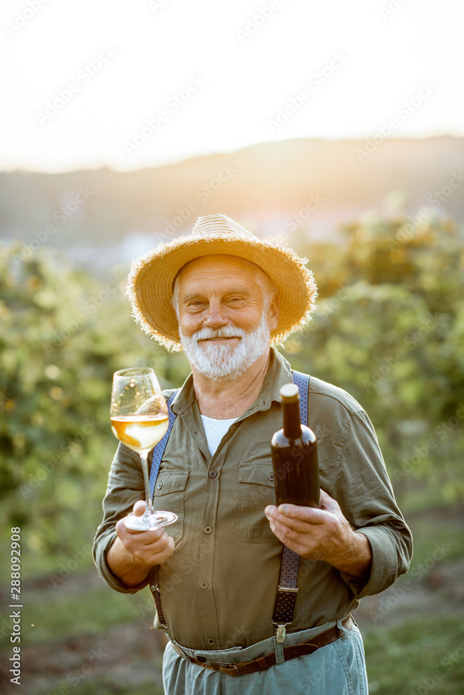 © rh2010 - Portrait of a senior well-dressed winemaker checking the wine quality on the vineyard during a sunset. Concept of a winemaking in older age © rh2010 - Portrait of a senior well-dressed winemaker checking the wine quality on the vineyard during a sunset. Concept of a winemaking in older age